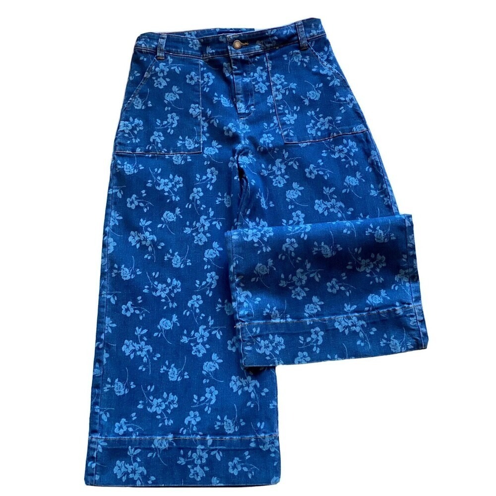 Charter‎ Club Women Pants 6 Blue Culottes Lush Garden Floral Denim Wide Leg NEW